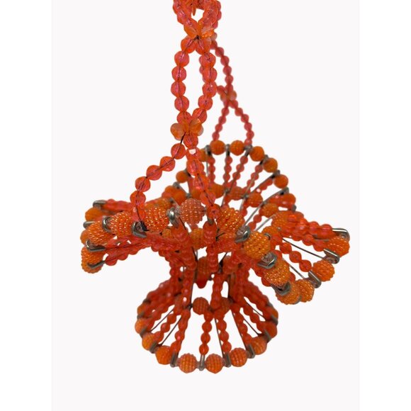 Vintage Handmade 10.5" Safety Pin Beaded Basket In Vibrant Orange & Red Beads - Picture 2 of 6